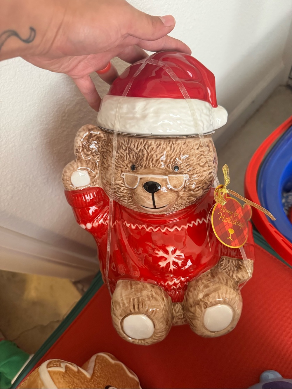 Holiday Christmas Santa Bear Ceramic Cookie Jar - Red
